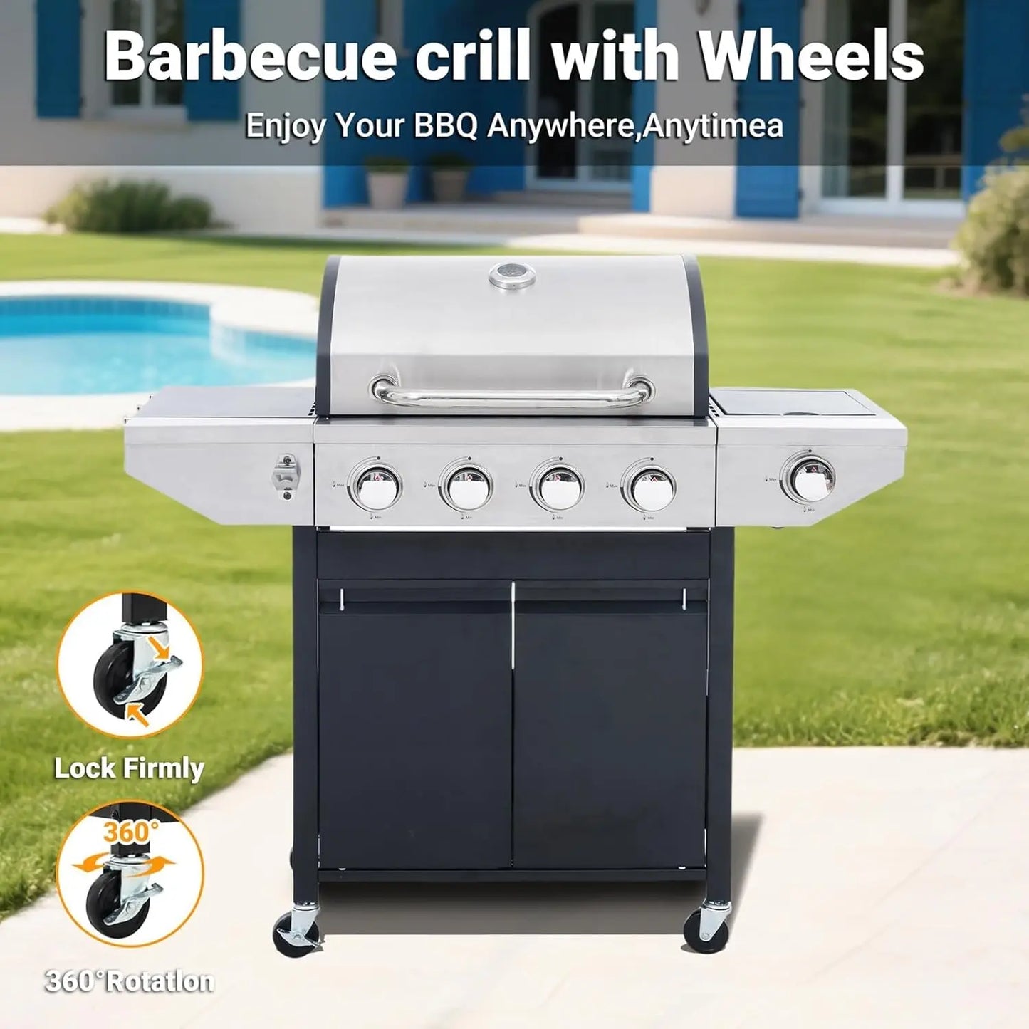 4-Burner Propane BBQ Grill 46,500 BTU with Side Burner,