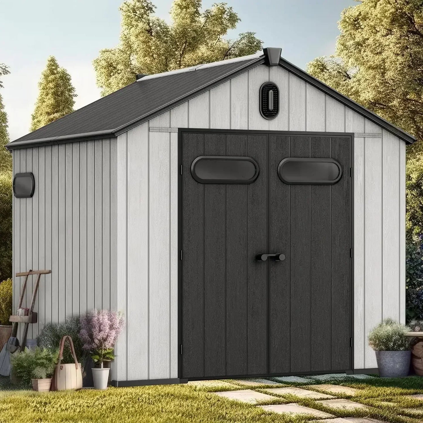 8x8ft Outdoor Resin Lockable Storage Shed with Floor,
