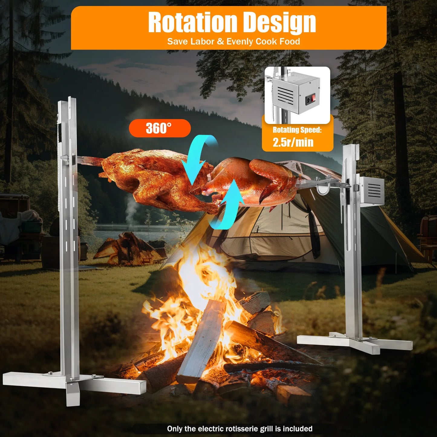 53" Automatic BBQ Rotisserie Grill Kit Height Adjustable