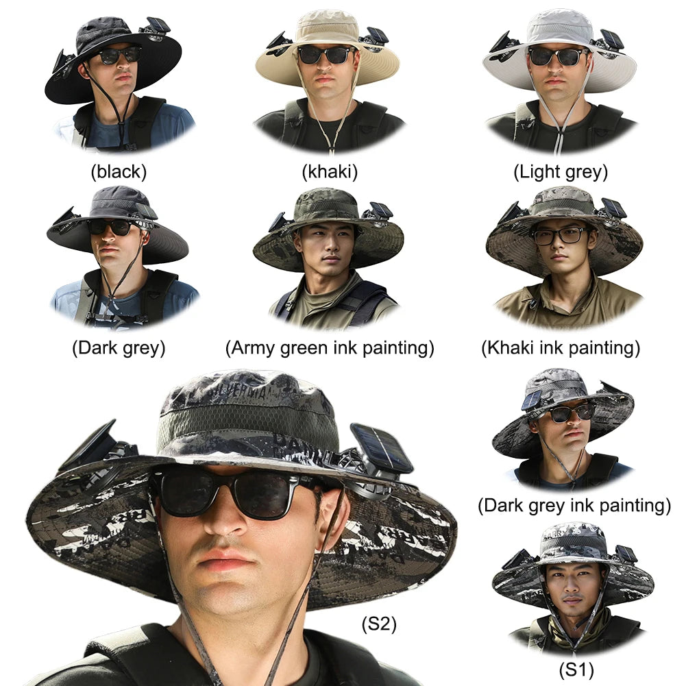 Outdoor Wide Brim Sun Hat With Solar Fan