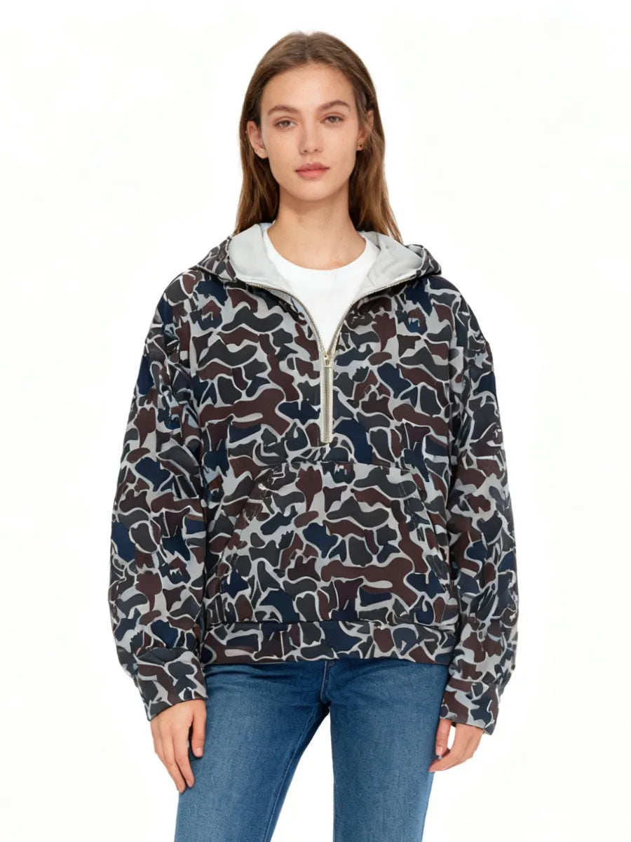 Loose-Fitting Camo Hoodie Quarter Zip Pullover