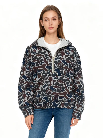 Loose-Fitting Camo Hoodie Quarter Zip Pullover