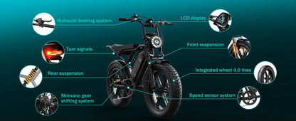 1500W e-bike, 20" fat tires, 60-100mile range