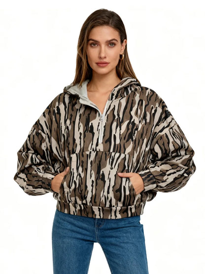 Loose-Fitting Camo Hoodie Quarter Zip Pullover