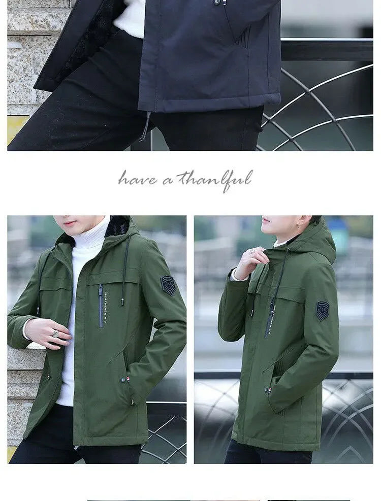 Men's Mid-Length Winter Fleece-Lined Casual Jacket Winter