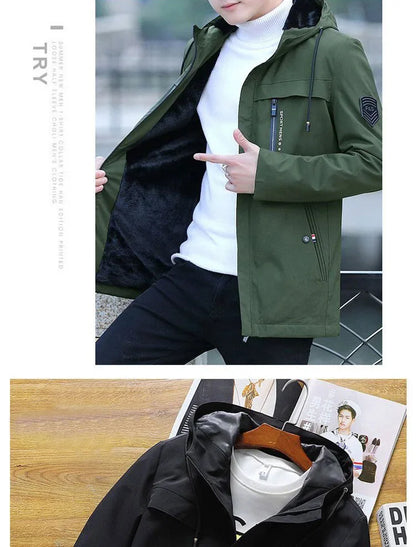 Men's Mid-Length Winter Fleece-Lined Casual Jacket Winter