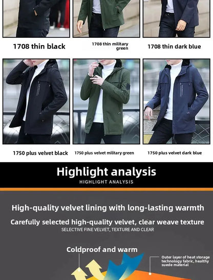 Men's Mid-Length Winter Fleece-Lined Casual Jacket Winter