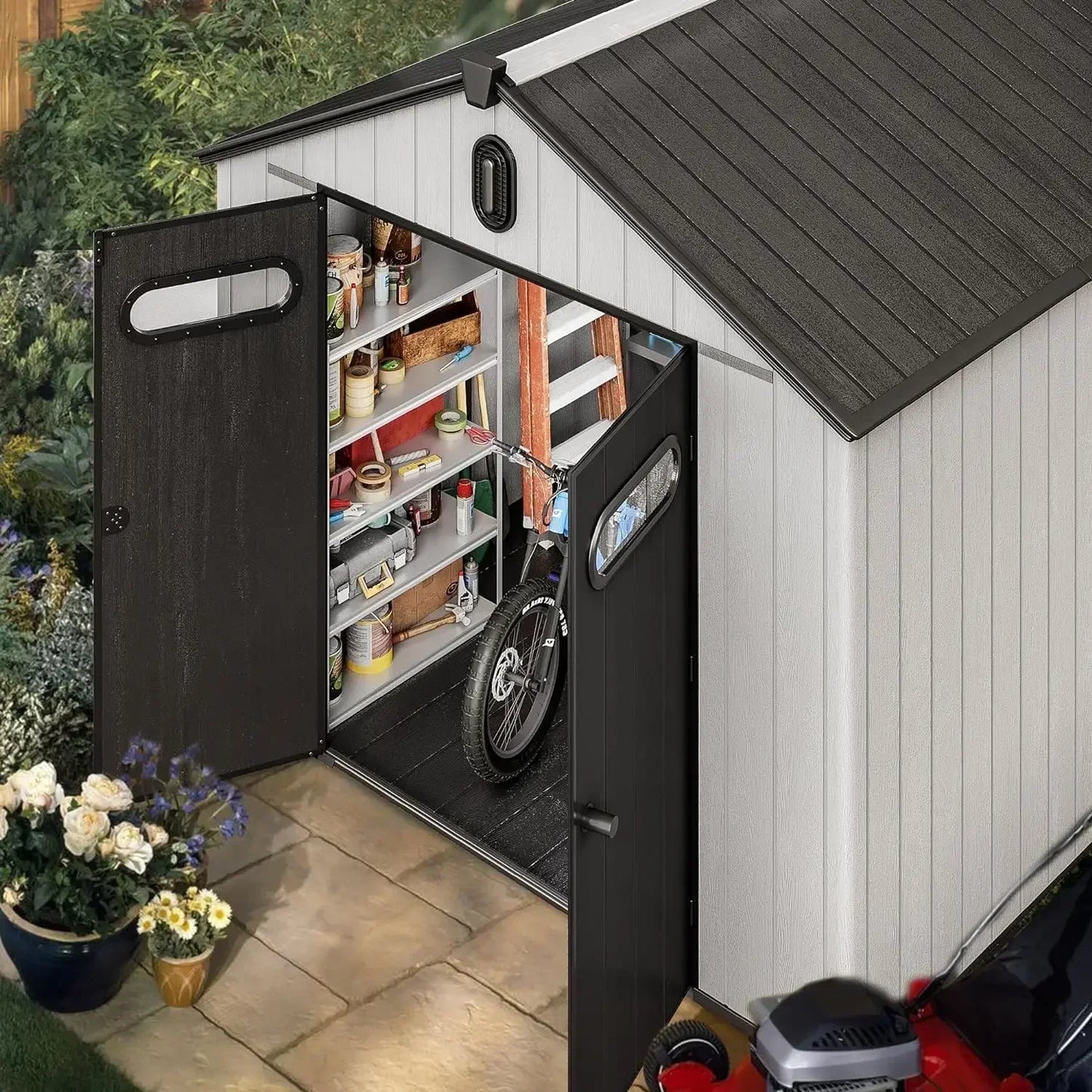 8x8ft Outdoor Resin Lockable Storage Shed with Floor,