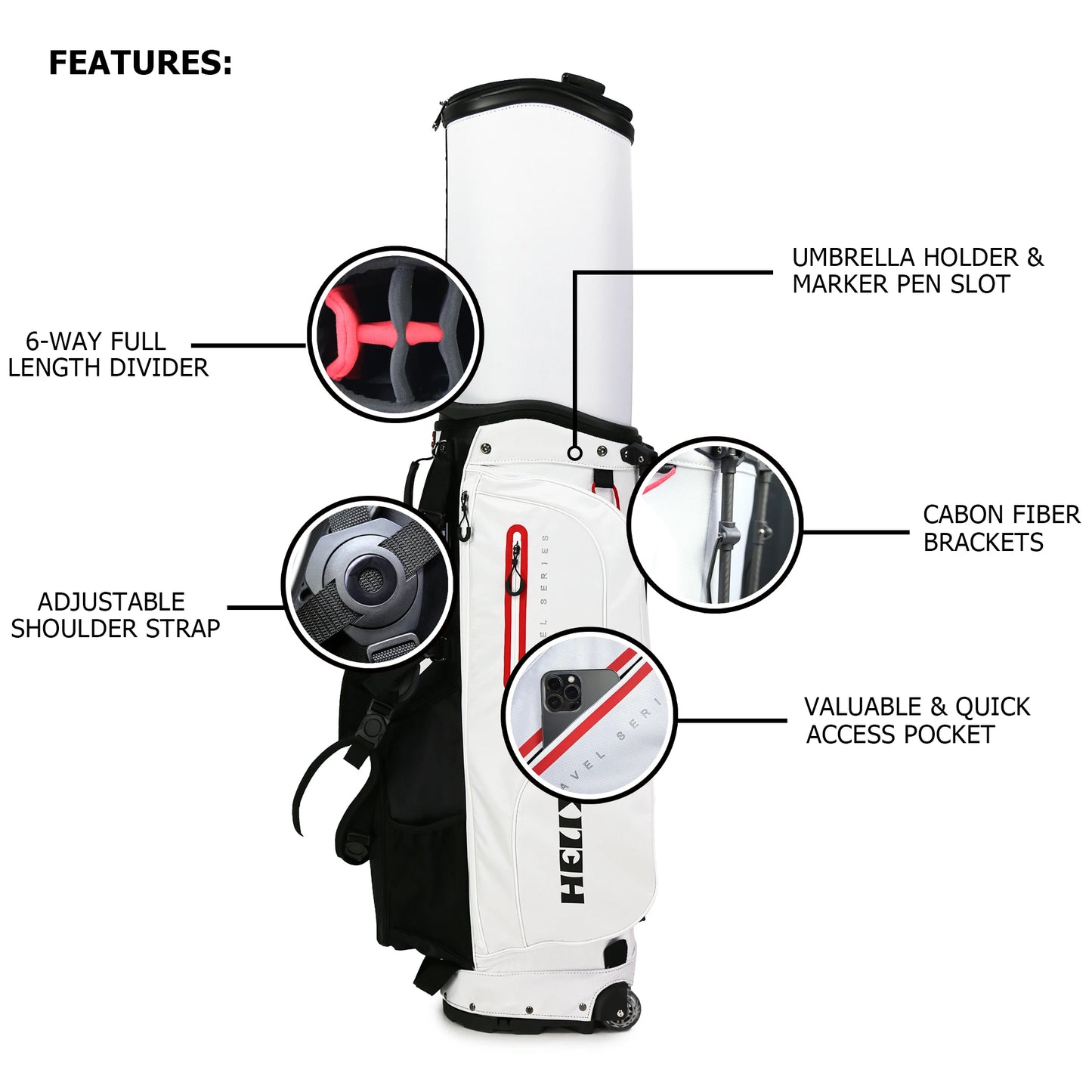 Golf Stand Bag with Retractable Top Cover and Wheels