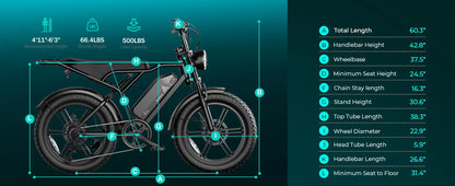 1500W e-bike, 20" fat tires, 60-100mile range
