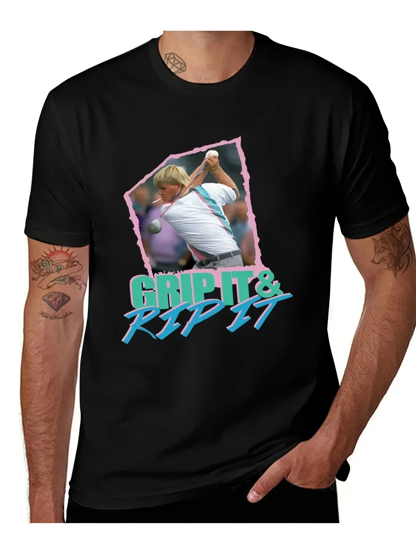John Daly  Grip It Rip It Retro Golf Graphic T Shirt 220g Heavyweight Unisex Short Sleeve Tee with Geometric Design
