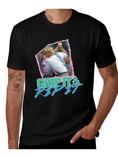 John Daly  Grip It Rip It Retro Golf Graphic T Shirt 220g Heavyweight Unisex Short Sleeve Tee with Geometric Design