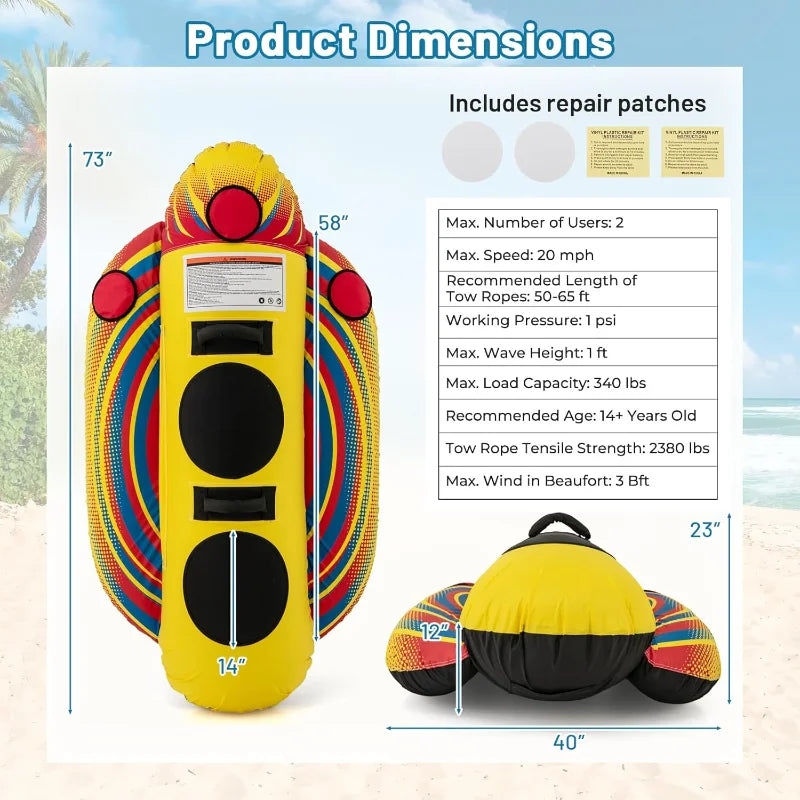 Inflatable Towable Tube 1-2 Rider Hot Dog Tube