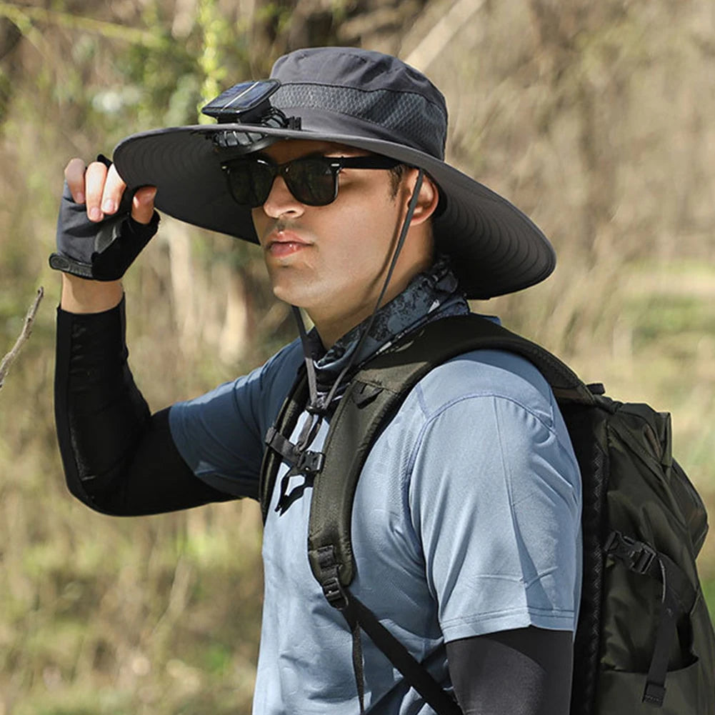 Outdoor Wide Brim Sun Hat With Solar Fan