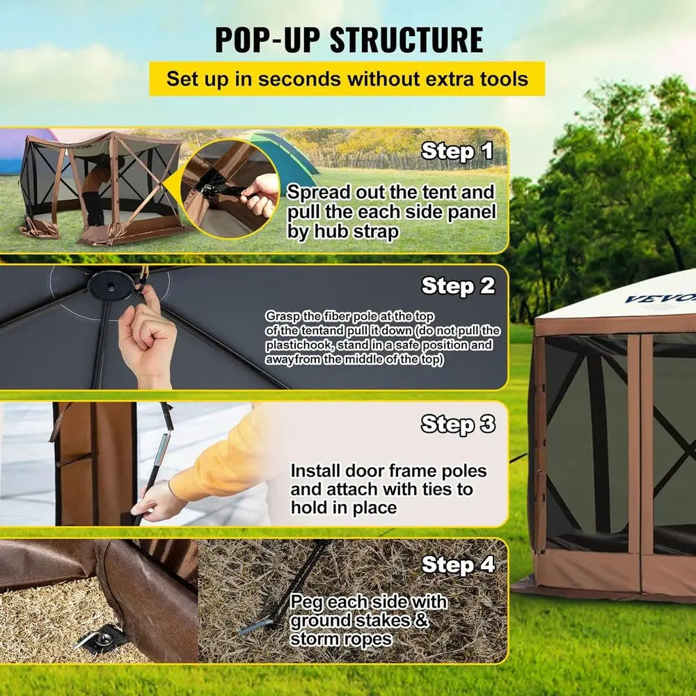 6 Sided  Shelter Camping Tent with Mesh Windows