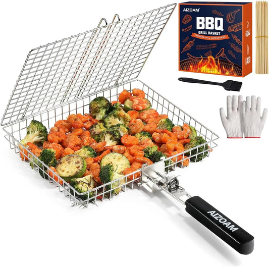 Large BBQ Grill Basket with Removable Handle