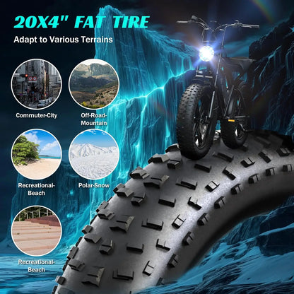 1500W e-bike, 20" fat tires, 60-100mile range