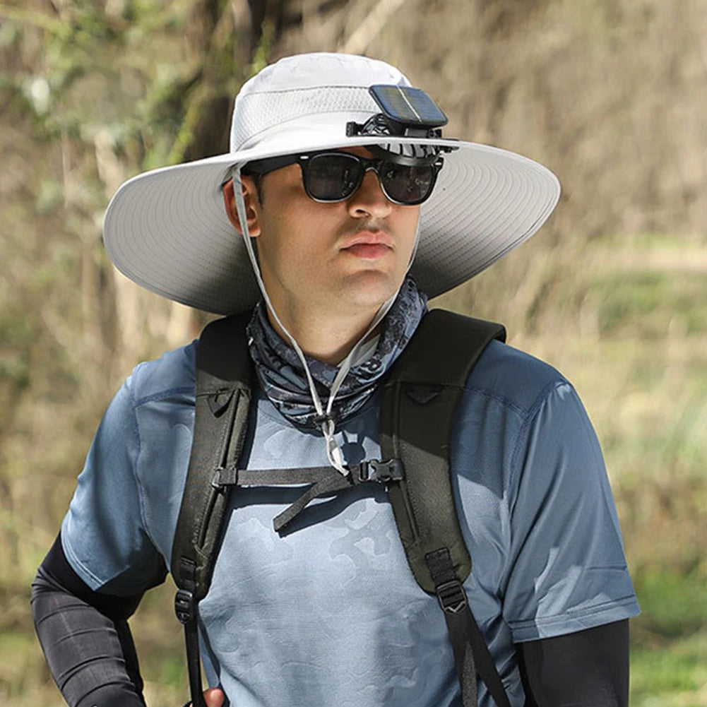 Outdoor Wide Brim Sun Hat With Solar Fan