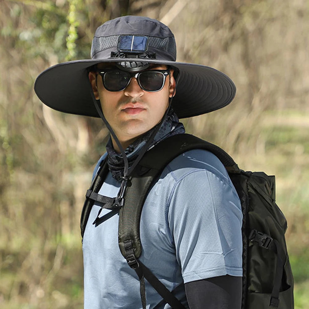 Outdoor Wide Brim Sun Hat With Solar Fan