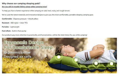 Camping Sleeping Pad Ultralight Camping Mat with Pillow Built-in Foot Pump Inflatable Mattress for Backpacking Hiking