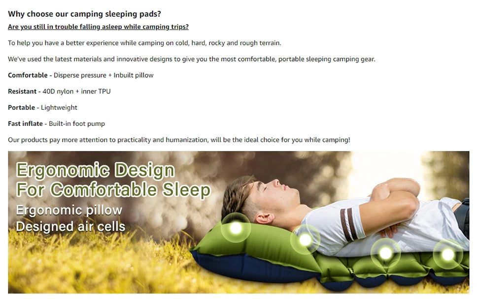 Inflatable Ultralight Sleeping Mat w/ Foot Pump