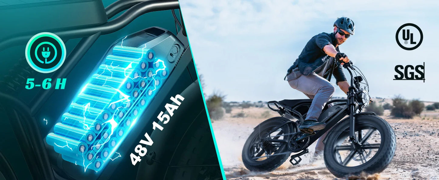 1500W e-bike, 20" fat tires, 60-100mile range