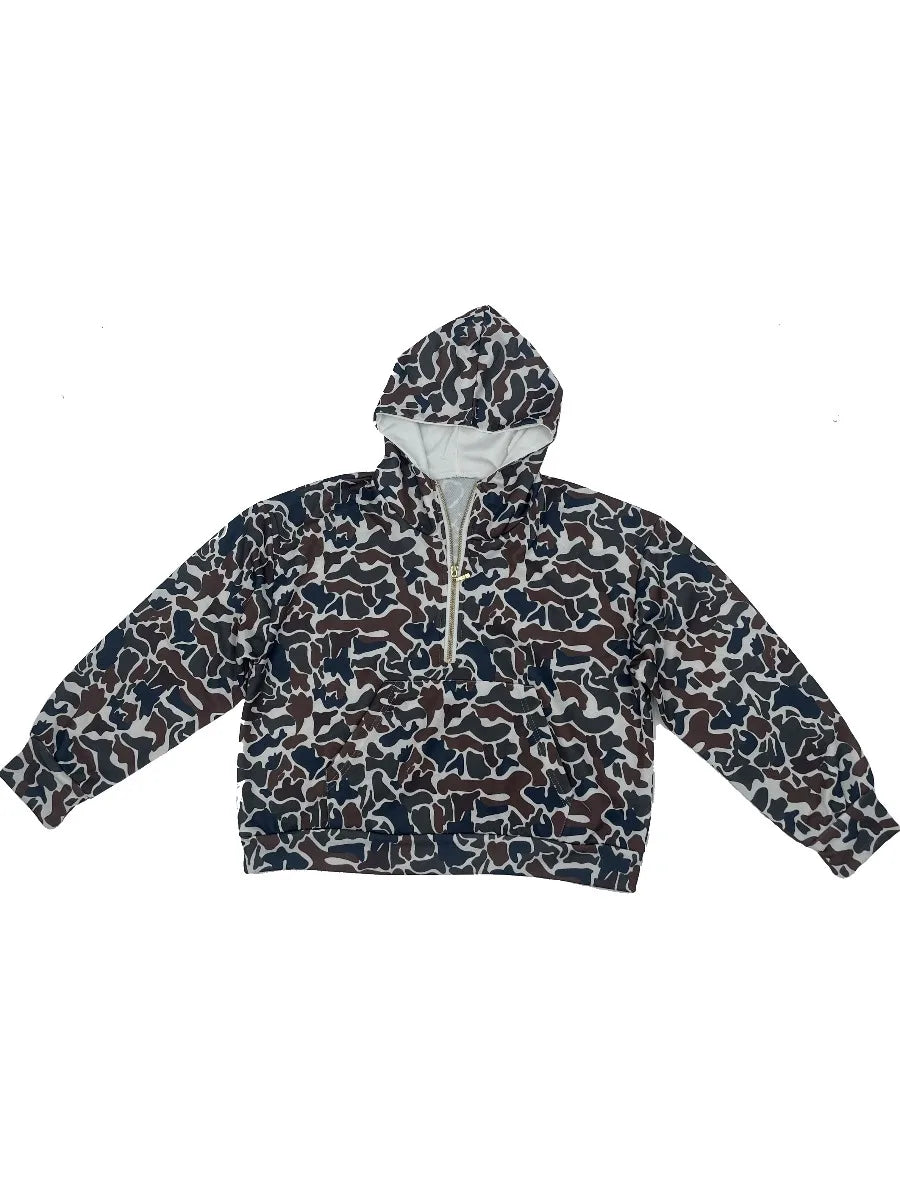 Loose-Fitting Camo Hoodie Quarter Zip Pullover