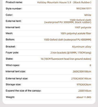 5.9 Outdoor Camping Vinyl Rainproof Sunscreen Tent