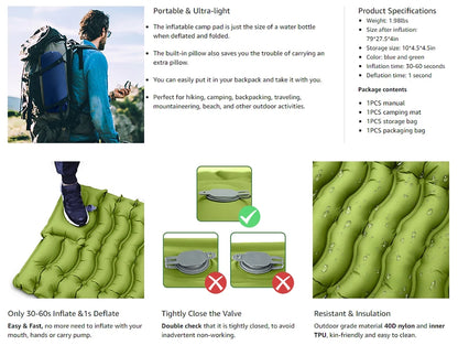 Camping Sleeping Pad Ultralight Camping Mat with Pillow Built-in Foot Pump Inflatable Mattress for Backpacking Hiking