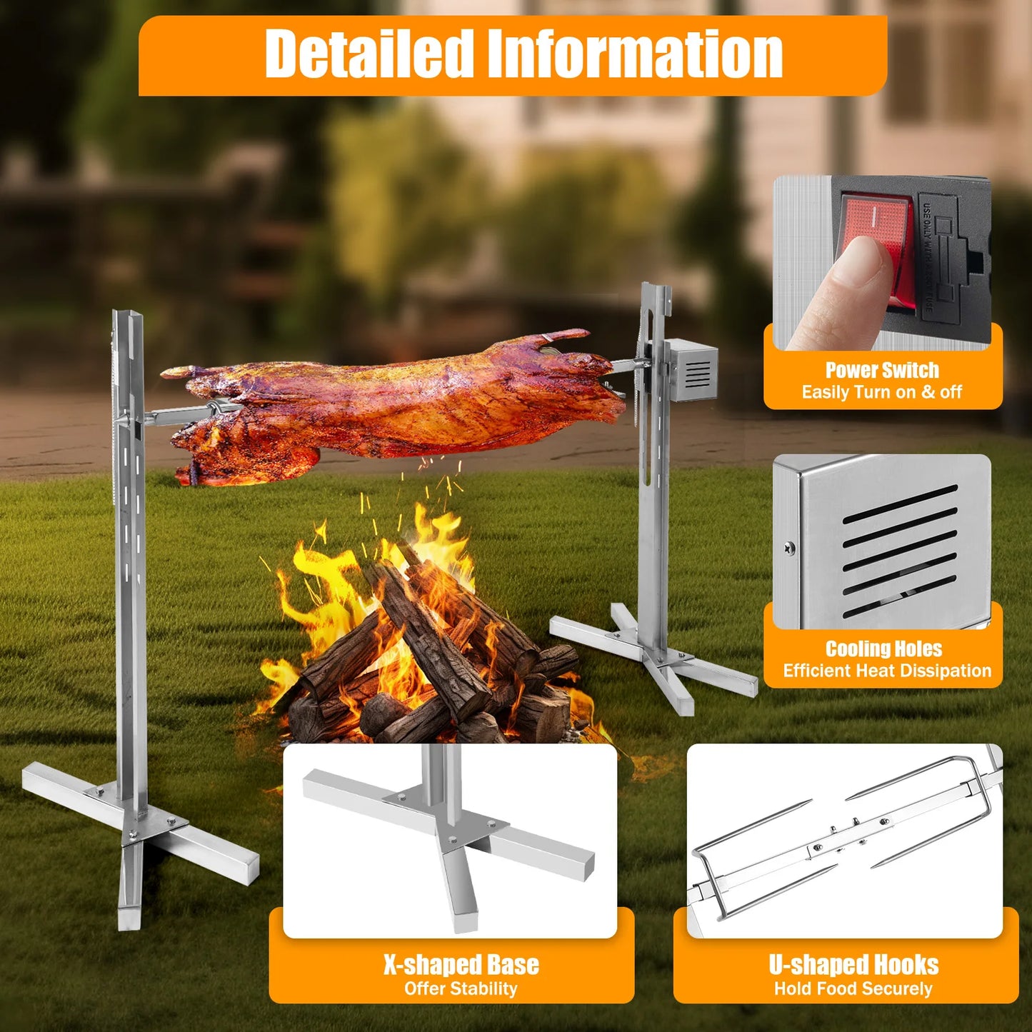53" Automatic BBQ Rotisserie Grill Kit Height Adjustable