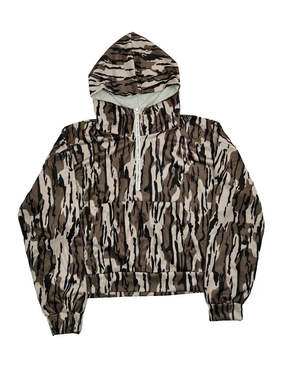Loose-Fitting Camo Hoodie Quarter Zip Pullover