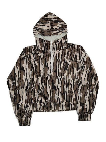 Loose-Fitting Camo Hoodie Quarter Zip Pullover