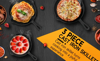 3PCS Pre-Seasoned Cast Iron Skillet Set,
