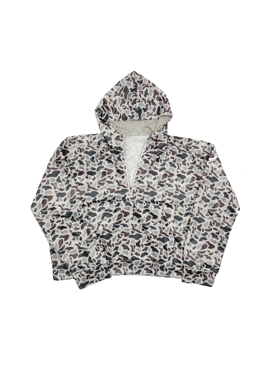 Loose-Fitting Camo Hoodie Quarter Zip Pullover