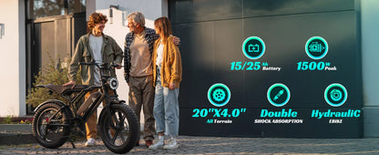 1500W e-bike, 20" fat tires, 60-100mile range