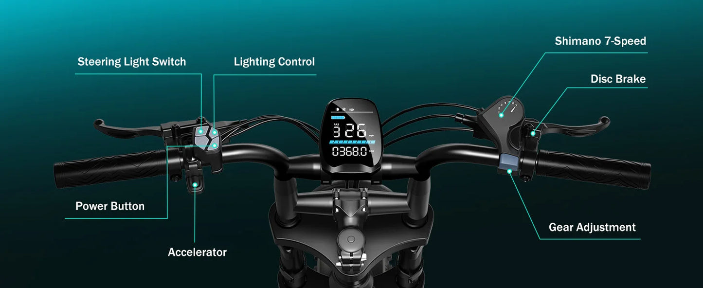 1500W e-bike, 20" fat tires, 60-100mile range